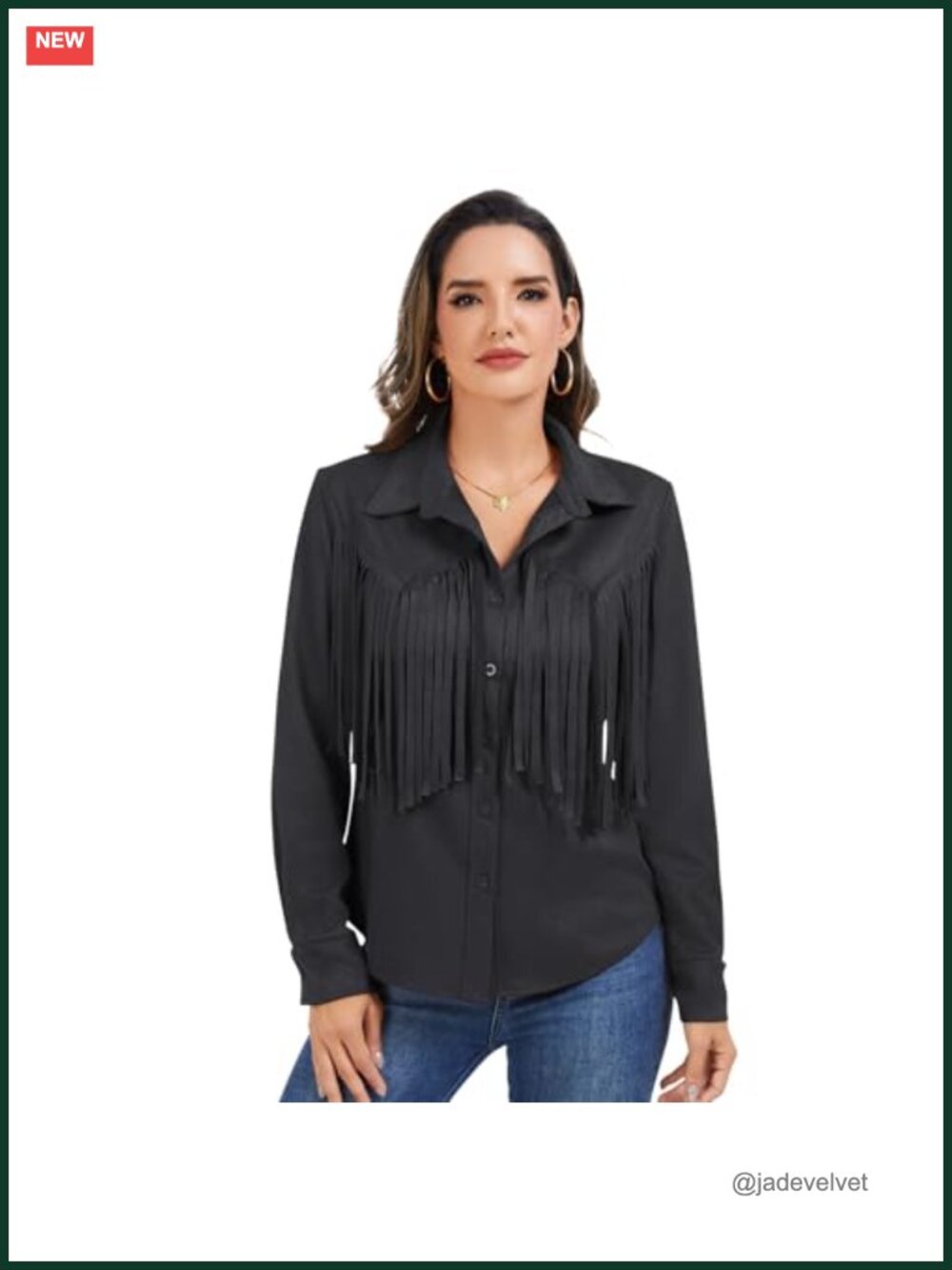 Faux Suede Fringe Button-Down Shirt Jacket Long Sleeve Western Cowboy Top